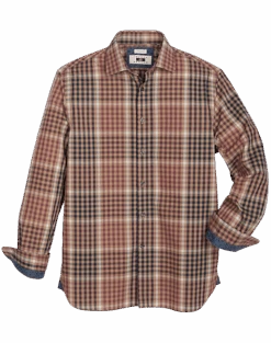Joseph Abboud Modern Fit Spread Collar Sport Shirt, Navy And Tan Plaid
